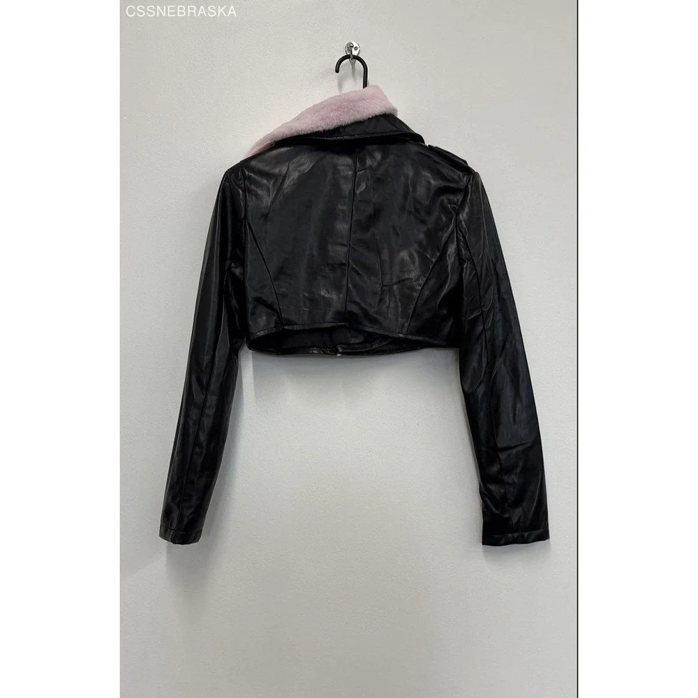Forever 21 Pink/Black Women's Faux Fur-Trim Cropped Moto Jacket‎ - Size S